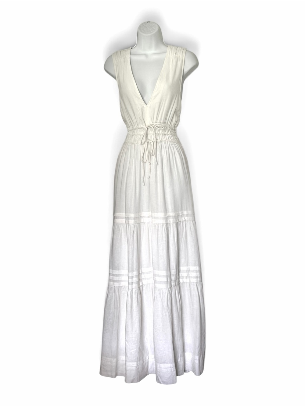 Anthropologie White Sleeveless V-Neck Tiered Maxi Dress L smocked back bows